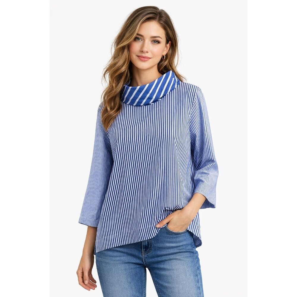 J. Crew Thomas Mason Blue Stripe Cowl Neck Popover Blouse Top Size 16